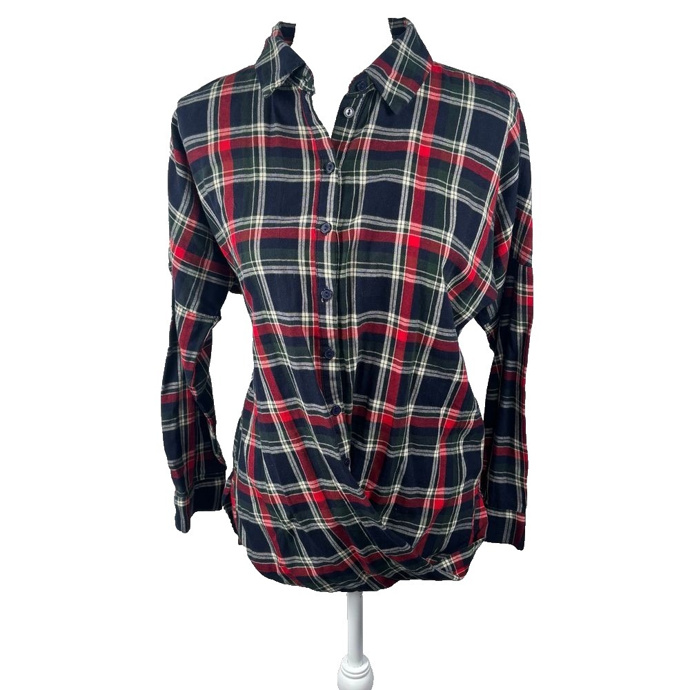 Velvet Heart Plaid Tunic Shirt‎ Sz M Red Navy Flannel Grunge Gorpcore Academia